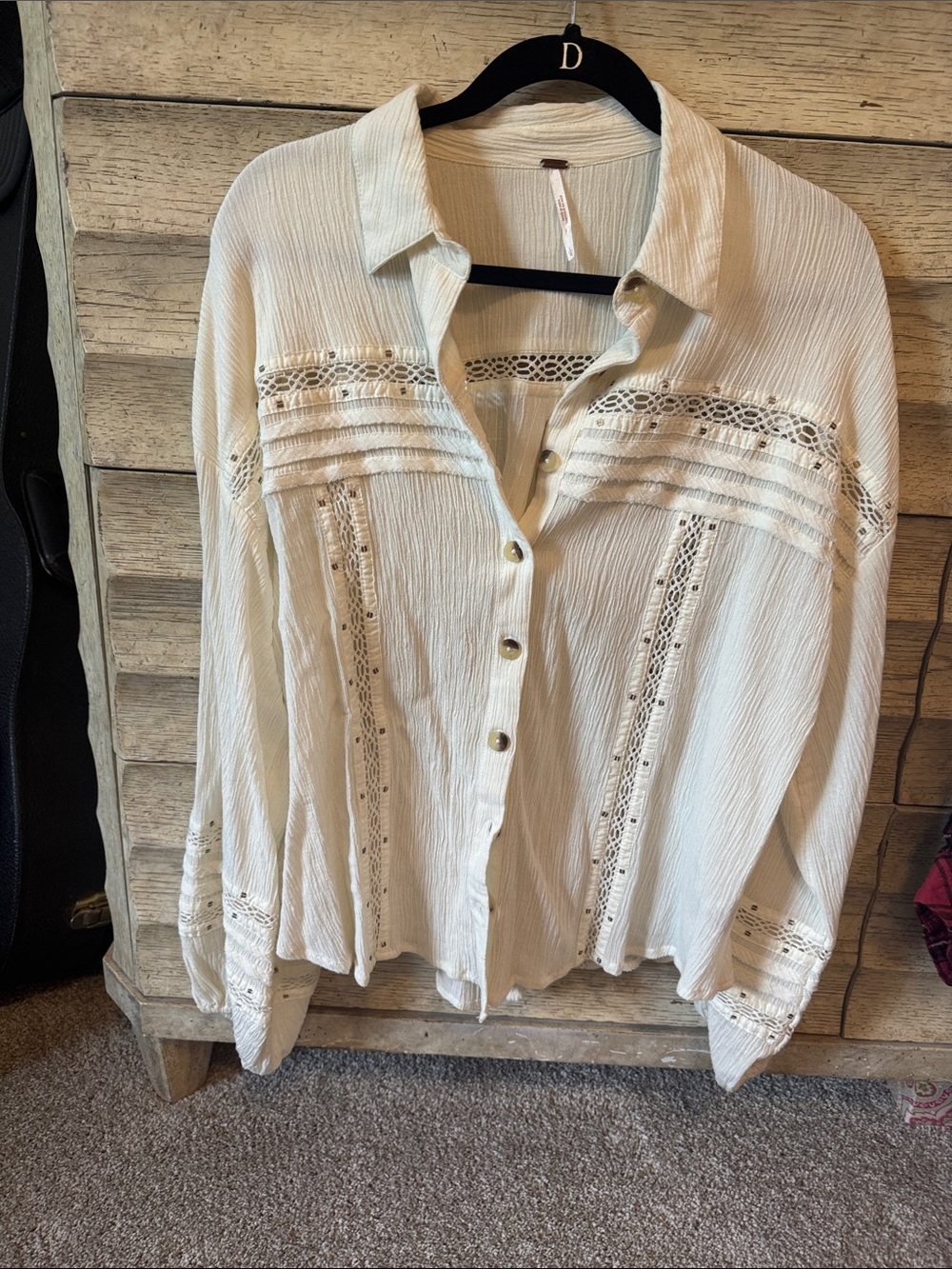 Lightweight Cream Lace-Trim Button-Up Shirt
